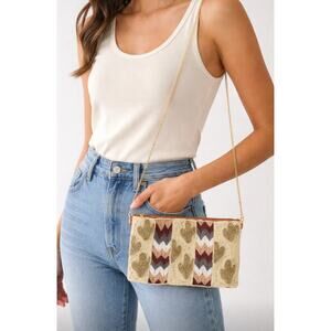 Kay Lee Cream Gold Catcus Crossbody Bag New